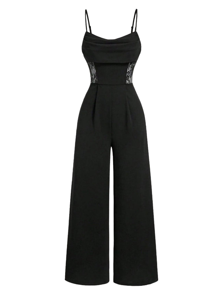 Combinaison noire à col bénitier et empiècements en dentelle transparente années 1950