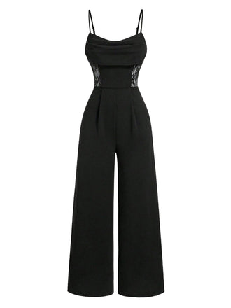 Combinaison noire à col bénitier et empiècements en dentelle transparente années 1950