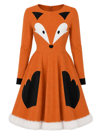 [Prévente] Robe orange de cosplay renard avec bordure en fourrure et queue années 1950