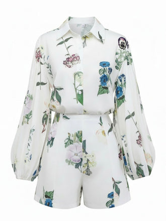 2PCS Ensemble Blouse Lin Fleurie Short Blanc Année 1960