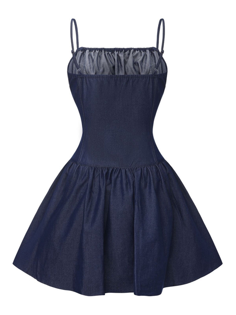 Mini-robe froncée bleue à bretelles spaghetti années 1960