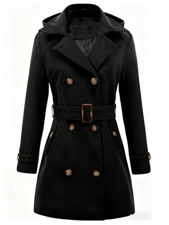 Manteau noir à capuche croisé en fausse laine années 1970