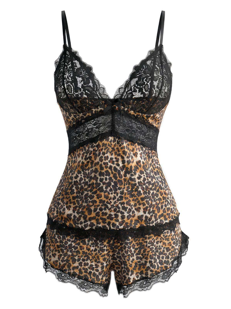 Ensemble De Pyjama Dentelle Léopard Bretelles Fin Marron Année 1970