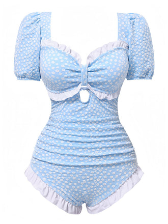 Maillot de bain une pièce bleu à volants et petites fleurs des années 1940