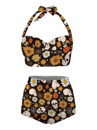 Maillot de bain dos nu à lacets imprimé floral noir des années 1950