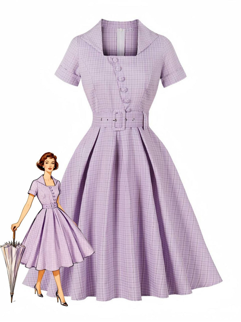 Robe Évasée Boutonnée Col Carré À Carreaux Violette Année 1950