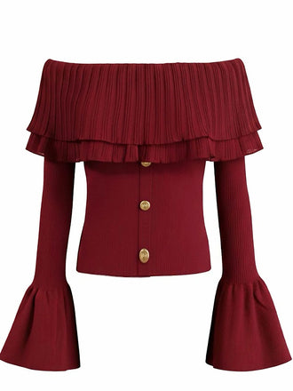 Haut en maille rouge bordeaux épaules dénudées et manches évasées années 1960