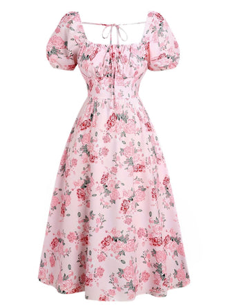 [Grande taille] Robe fleurie rose à col carré des années 1950