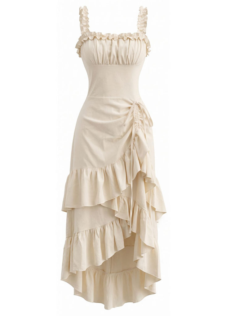 Robe à bretelles beige unie à ourlet volanté années 1980