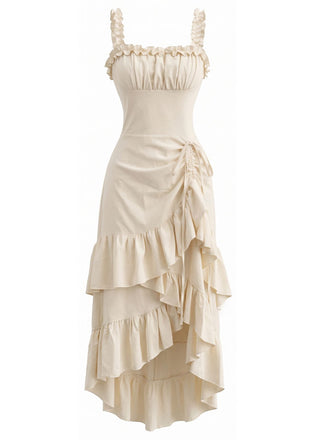 Robe à bretelles beige unie à ourlet volanté années 1980