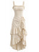 Robe à bretelles beige unie à ourlet volanté années 1980