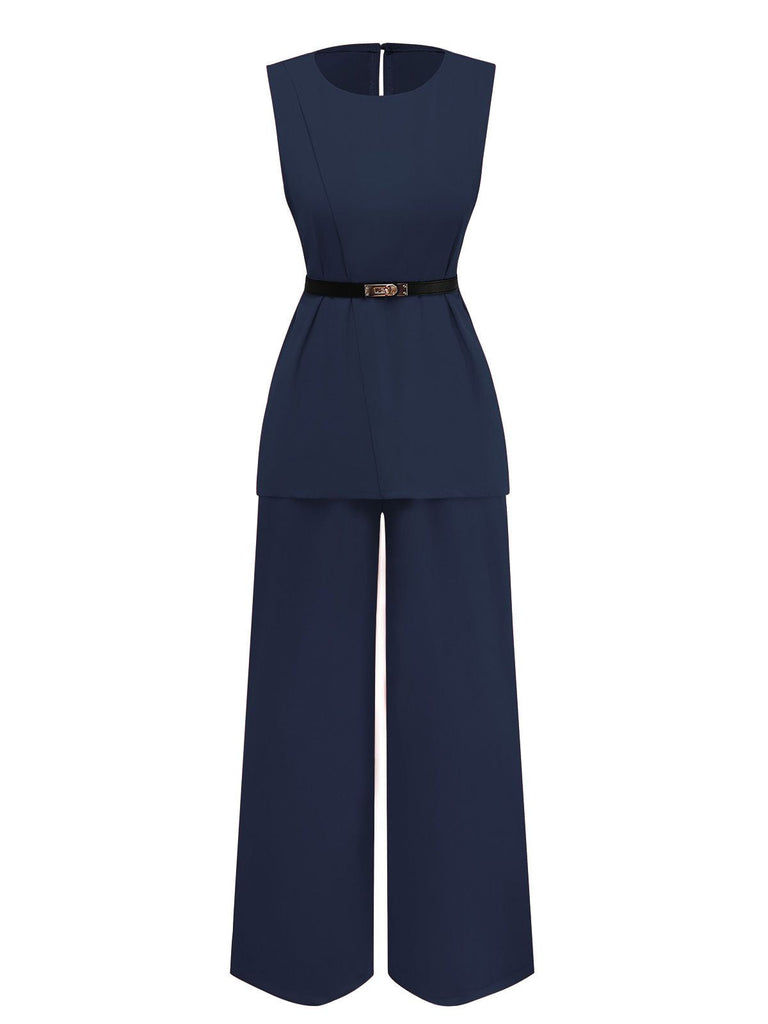 2PCS Ensemble Gilet Sans Manches Pantalon Ceinturé Années 1960