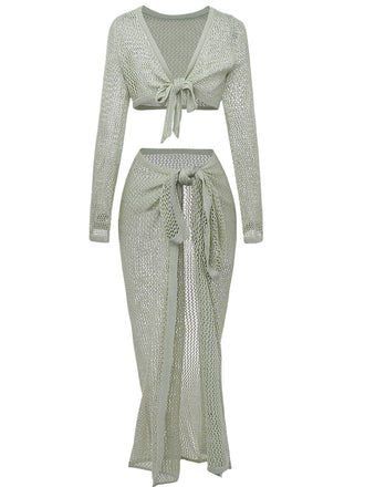 2PCS Ensemble de paréo de plage vert à manches longues en crochet années 1960