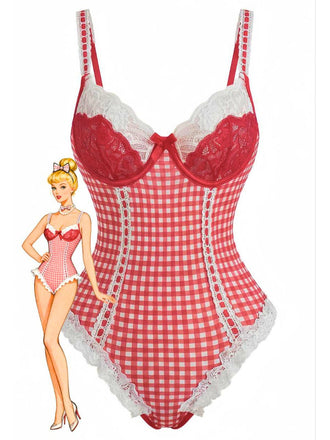 Body lingerie rouge à carreaux vichy et nœud en dentelle des années 60