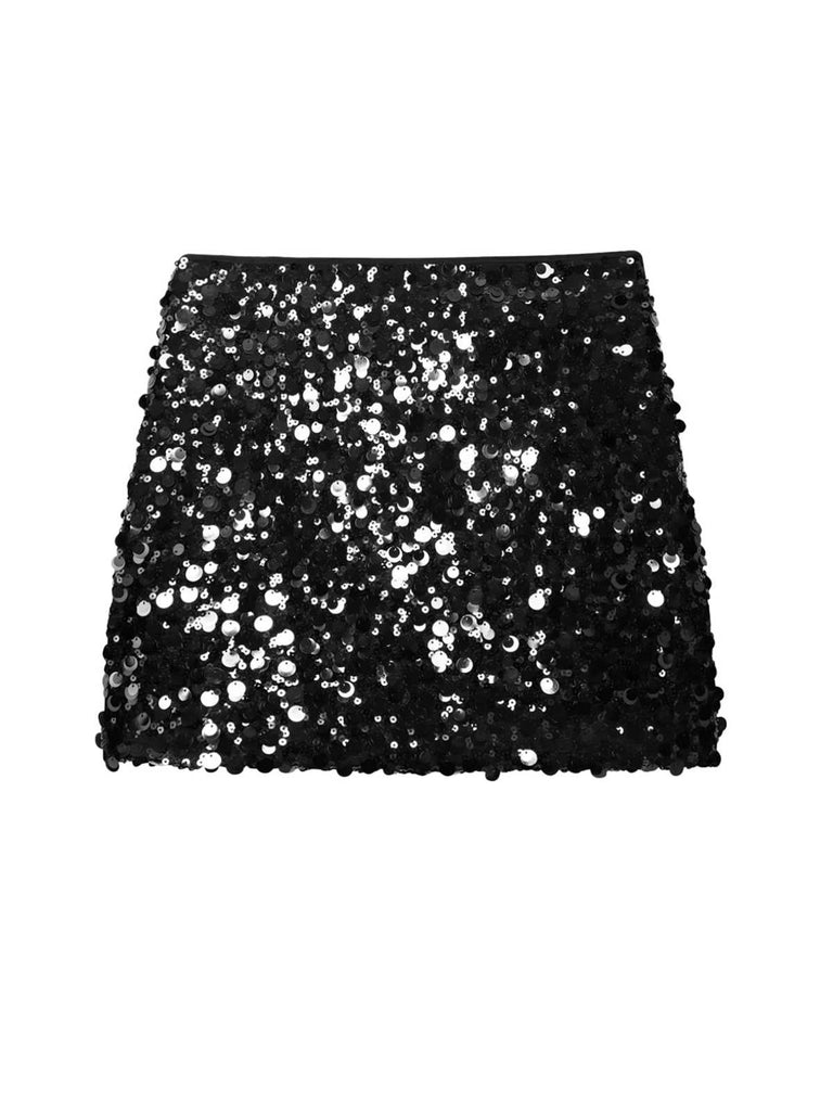Mini-jupe crayon taille basse à paillettes des années 1980