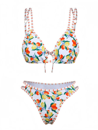Ensemble bikini triangle blanc bretelles agrumes 1960s