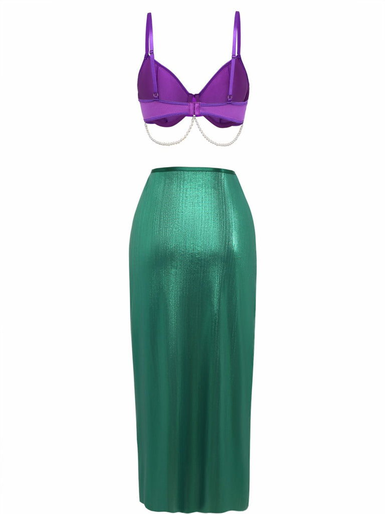 3PCS Ensemble de pyjama sirène en satin perle de mer violet années 1970