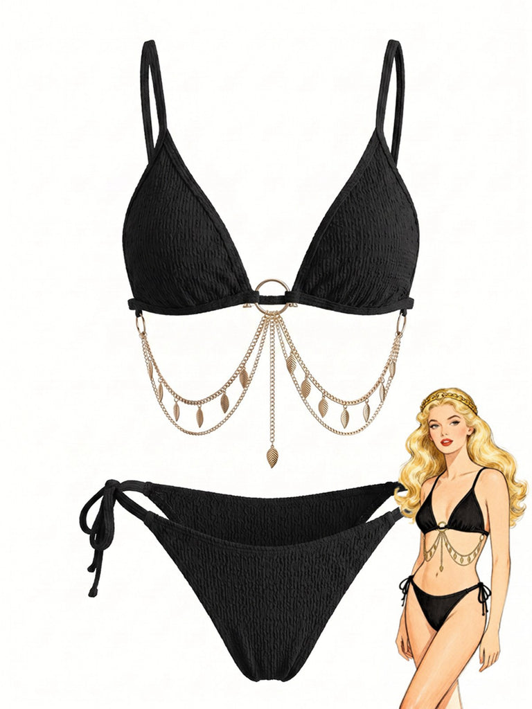 Ensemble bikini triangle chaîne dorée et côtelé années 1960