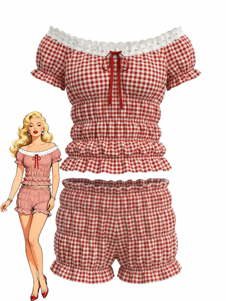 Ensemble Haut Smocké Épaules Dénudées Vichy & Short Rouge Années 2000