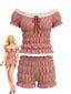 2PCS top smocké épaules dénudées et short à carreaux Vichy rouge style Y2K