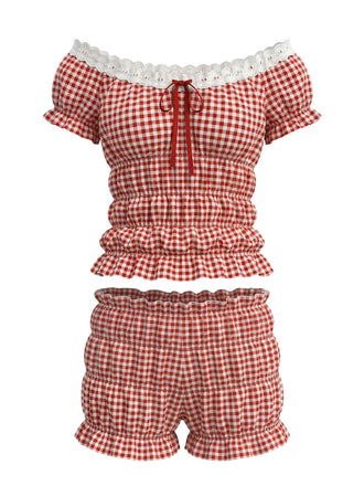 Ensemble Haut Smocké Épaules Dénudées Vichy & Short Rouge Années 2000