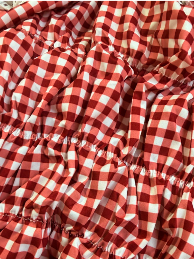 Ensemble Haut Smocké Épaules Dénudées Vichy & Short Rouge Années 2000