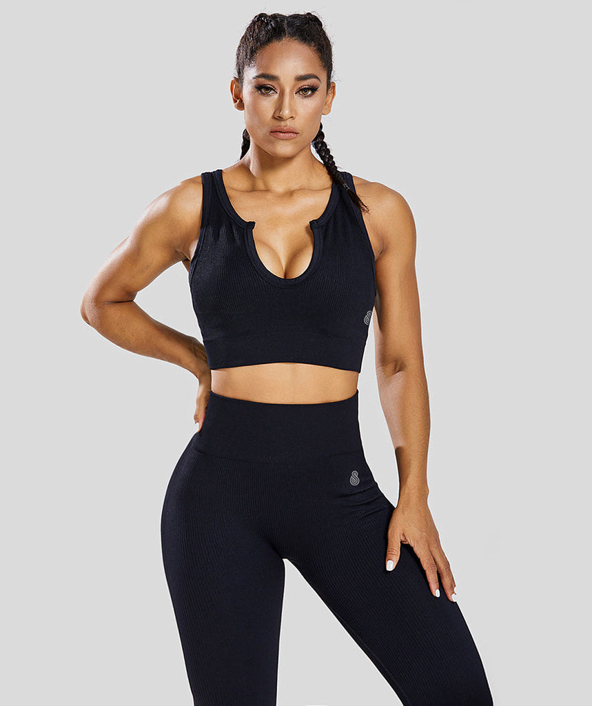 Soutien-gorge de sport noir côtelé sans coutures à col en V