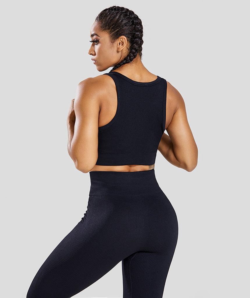 Soutien-gorge de sport noir côtelé sans coutures à col en V