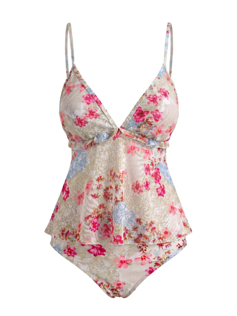 Ensemble Tankini Floral Bretelles Fines à Volants Péplum Patchwork Rose Années 1930 3