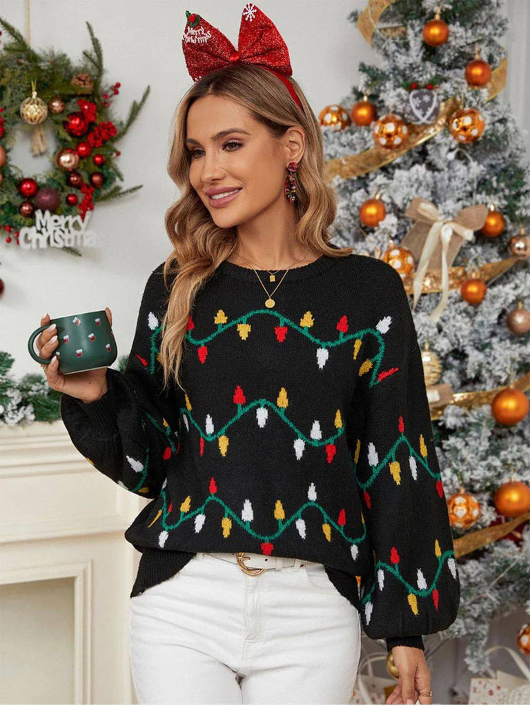 Pull en tricot noire à motifs de lumières de Noël années 1960