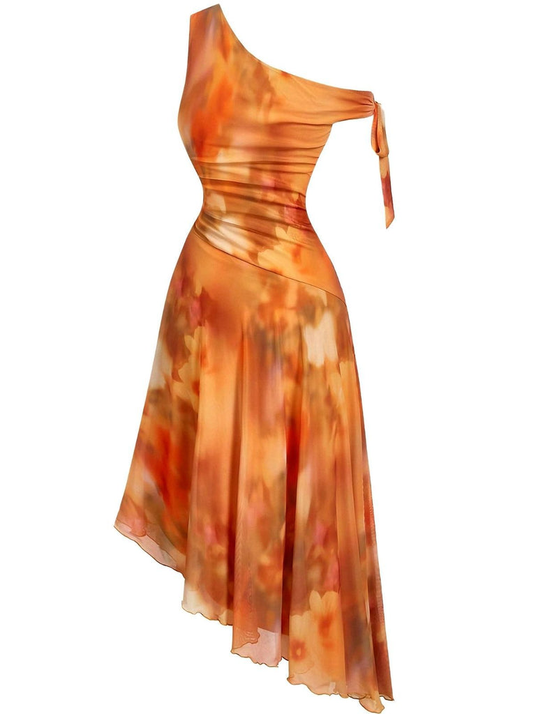 Robe orange à une épaule en résille et ourlet asymétrique années 70