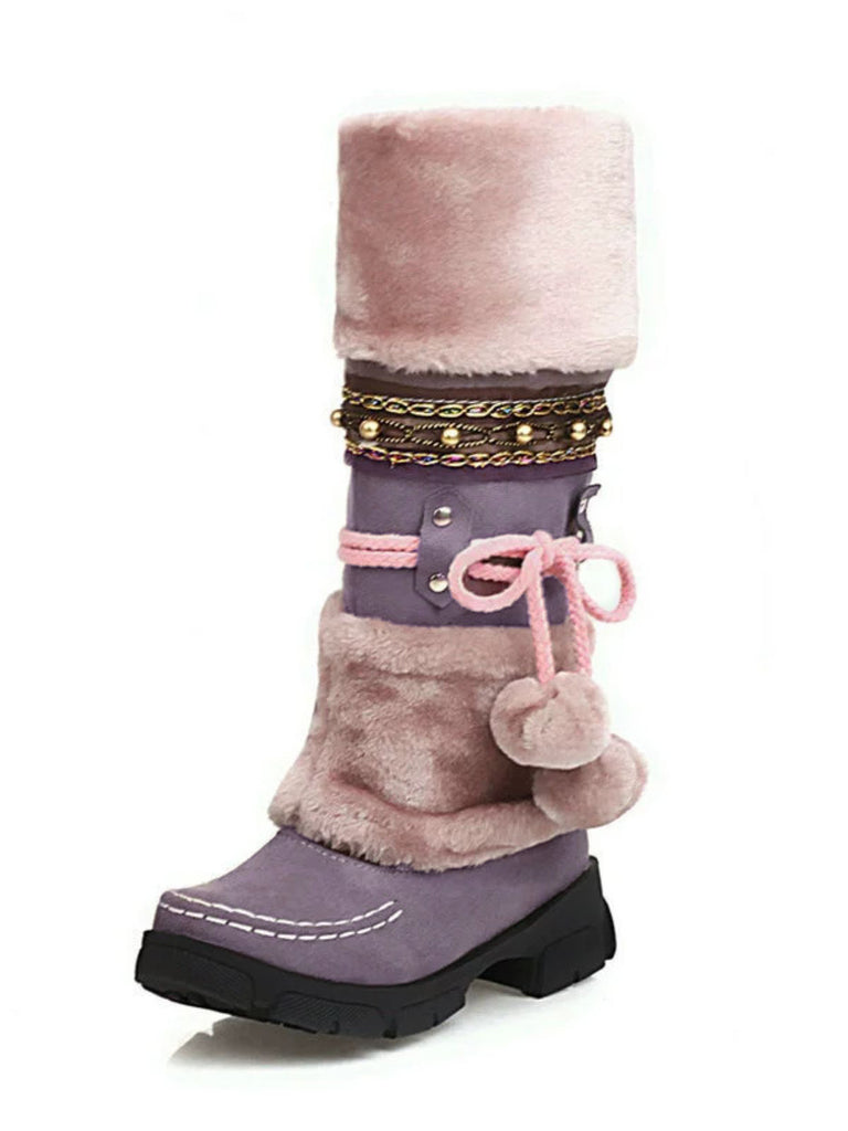 Bottes d'hiver vintage à pompons en fausse fourrure