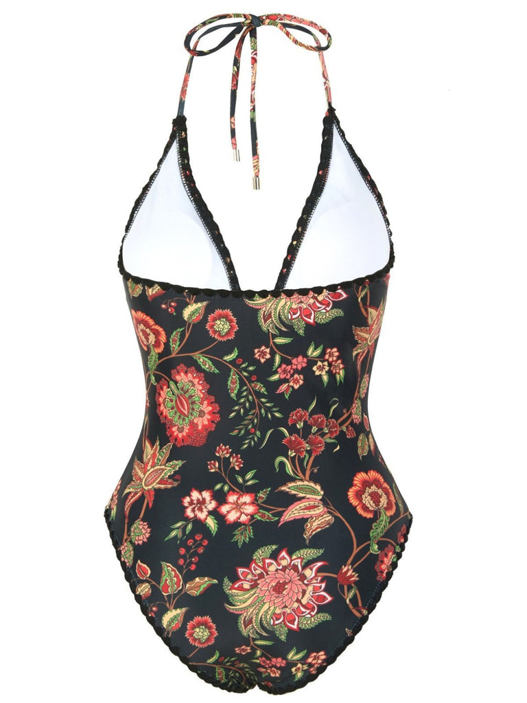 2PCS Maillot de bain et paréo à franges et décolleté en V profond années 1960