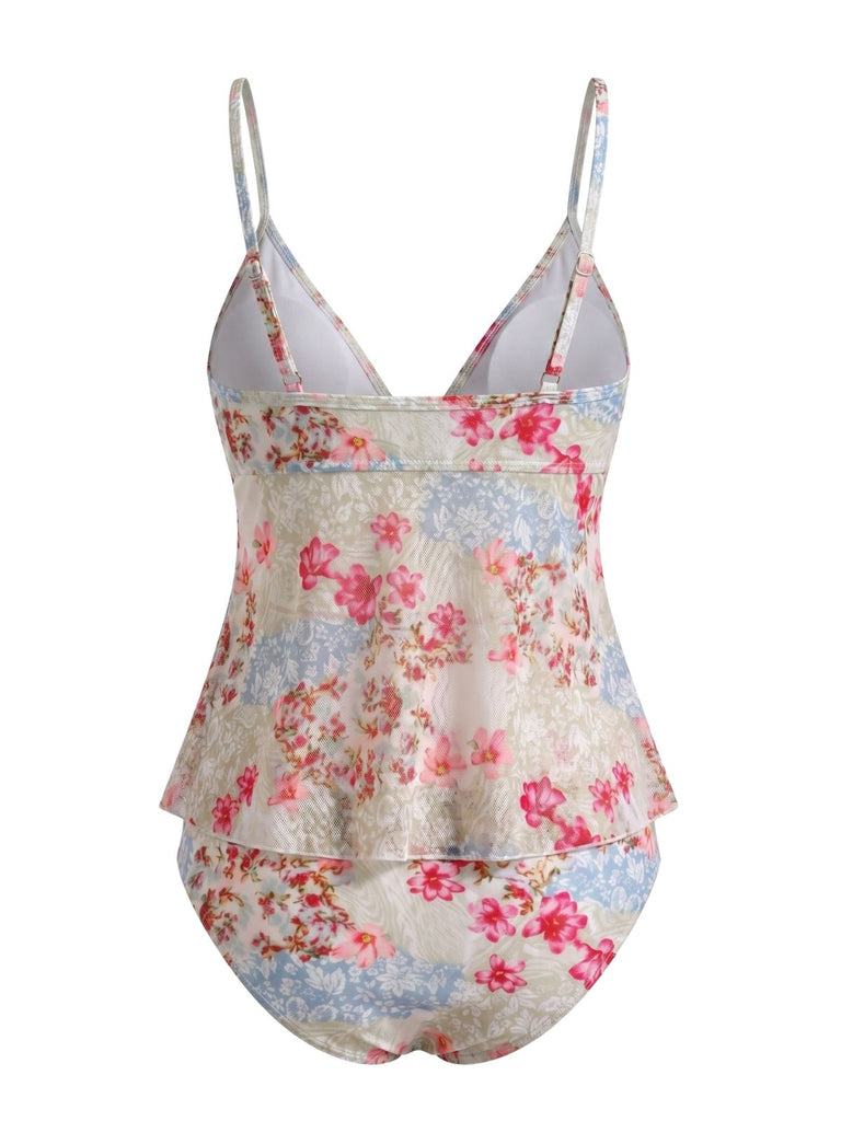 Ensemble Tankini Floral Bretelles Fines à Volants Péplum Patchwork Rose Années 1930 4