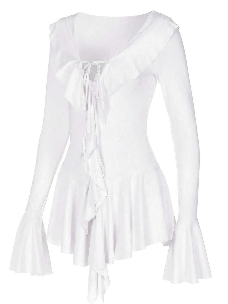 Robe rose col en V et manches évasées volants années 60