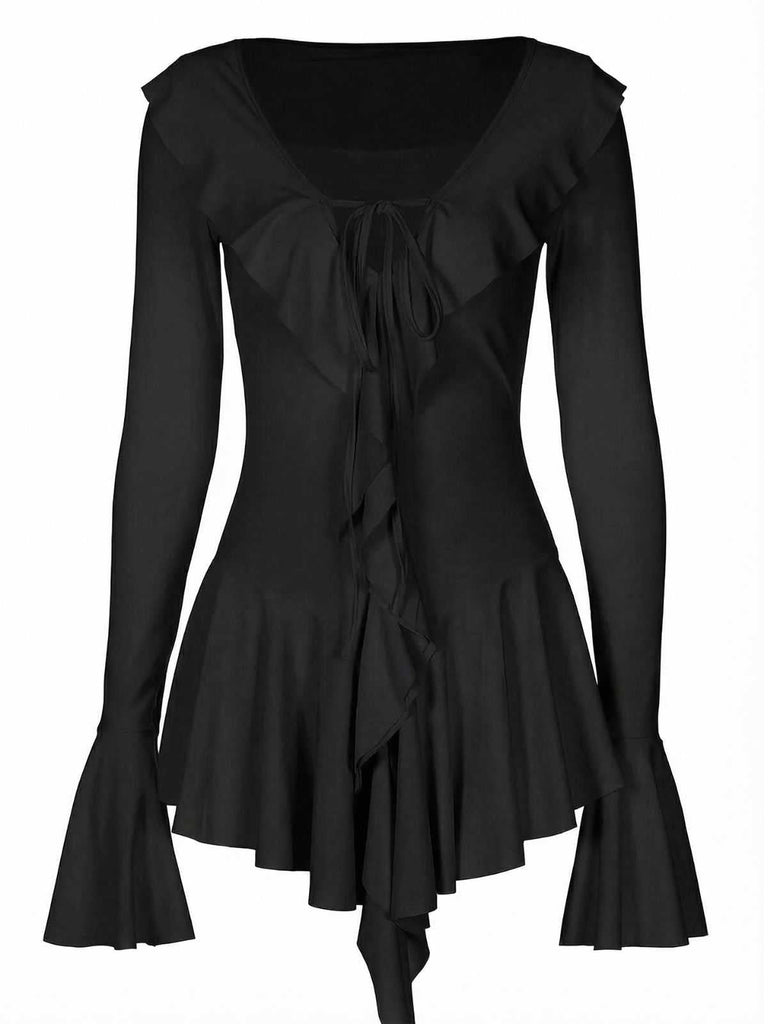 Robe rose col en V et manches évasées volants années 60