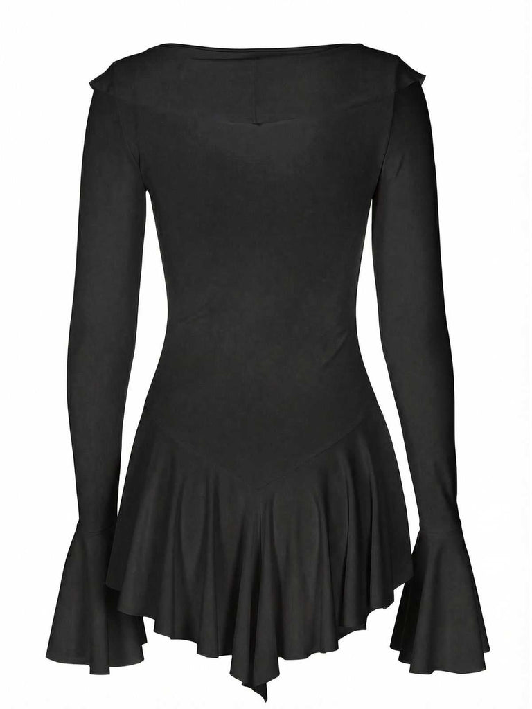 Robe rose col en V et manches évasées volants années 60