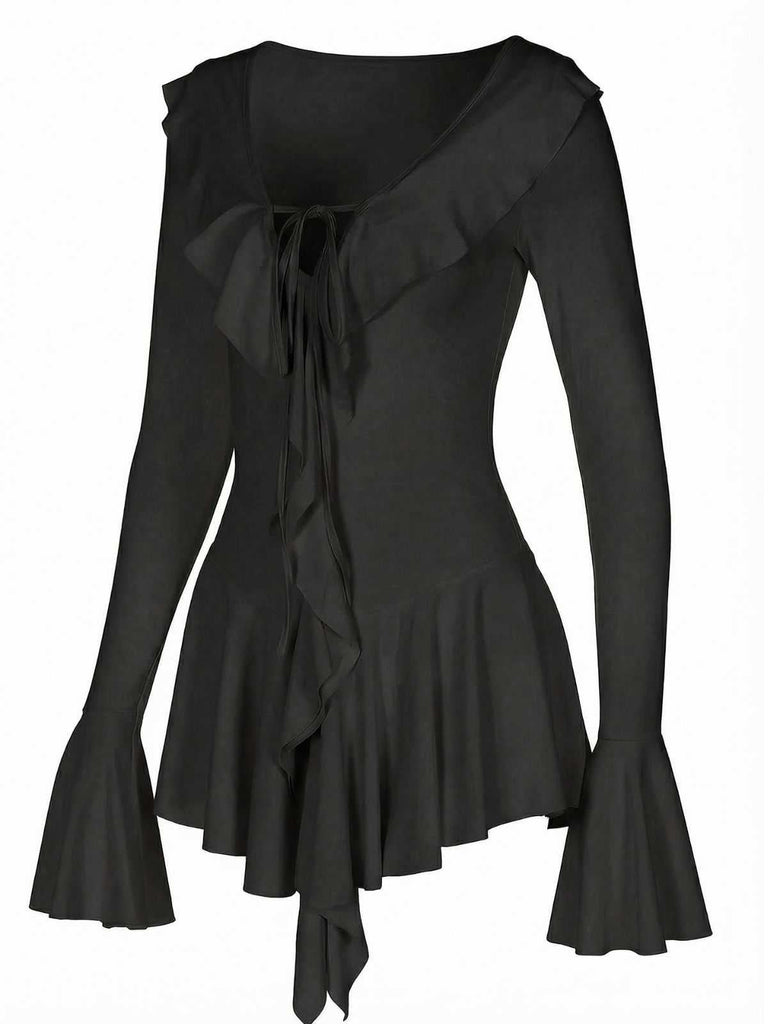 Robe rose col en V et manches évasées volants années 60