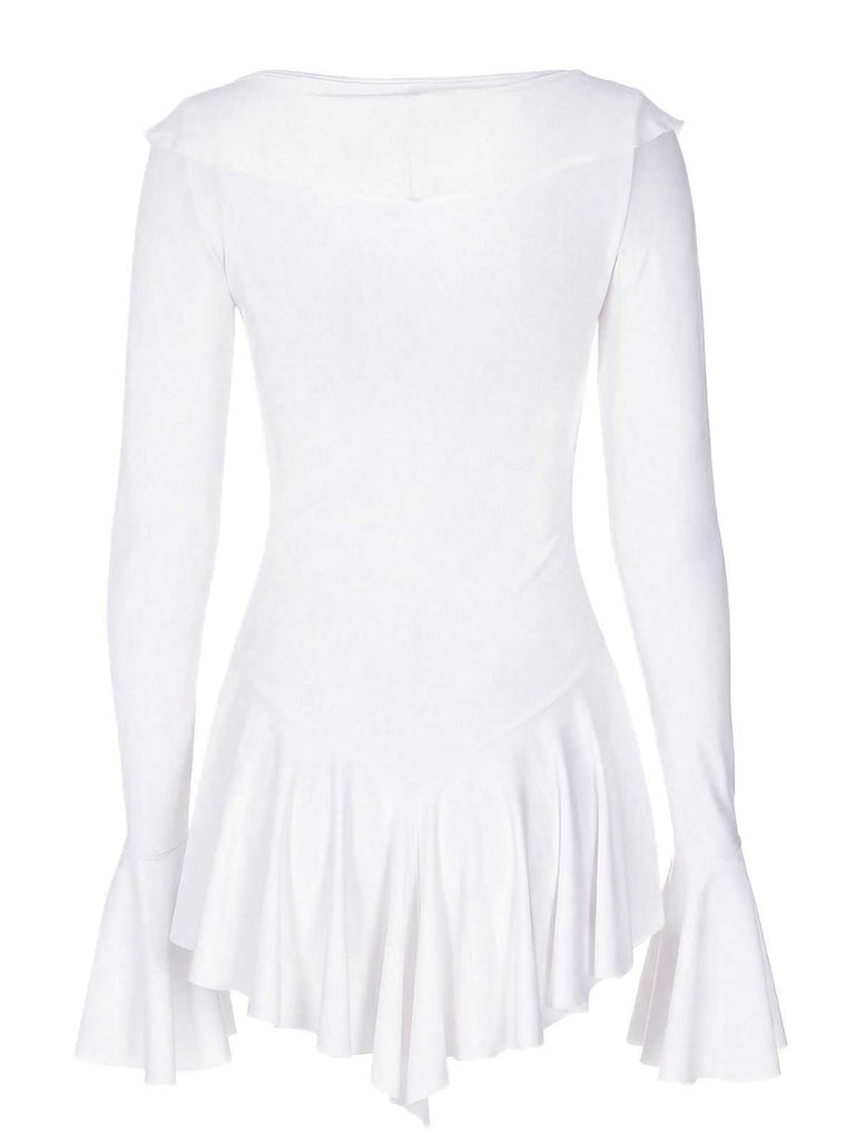 Robe rose col en V et manches évasées volants années 60