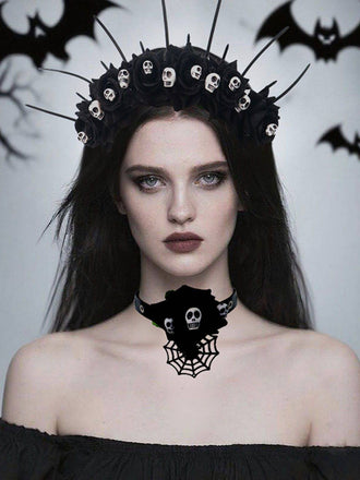 Bandeau et collier gothiques d'Halloween avec tête de mort et rose