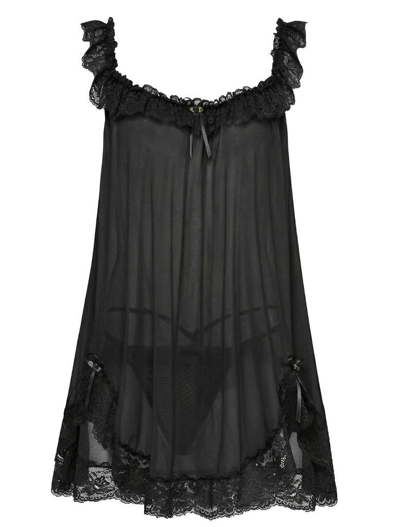 Nuisette babydoll en tulle transparent ornée de dentelle et de nœuds années 1950