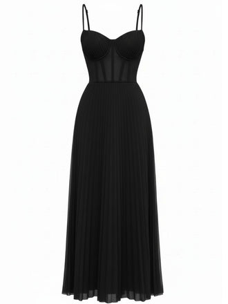 Robe de soirée noire plissée unie bretelles années 1930