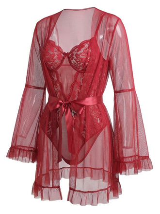 Ensemble de pyjama patchwork en dentelle transparente rouge années 1960