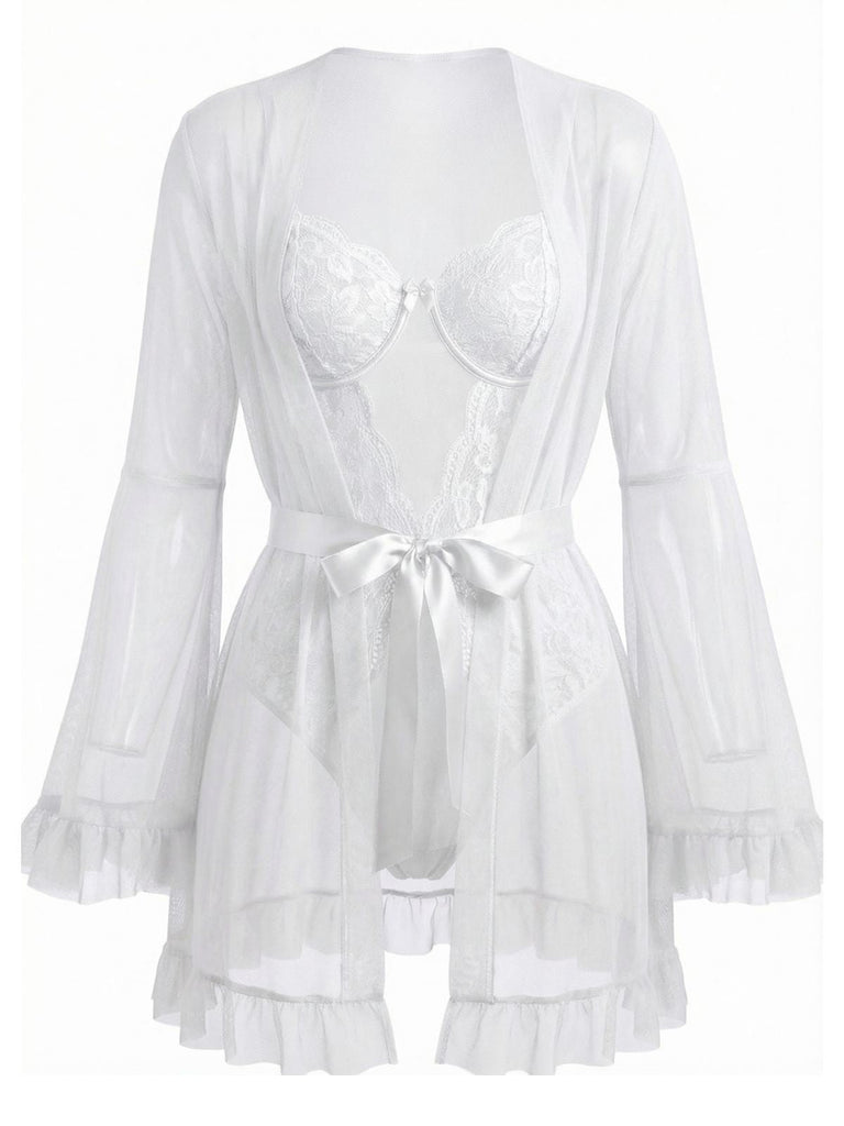 Ensemble de pyjama patchwork en dentelle transparente rouge années 1960