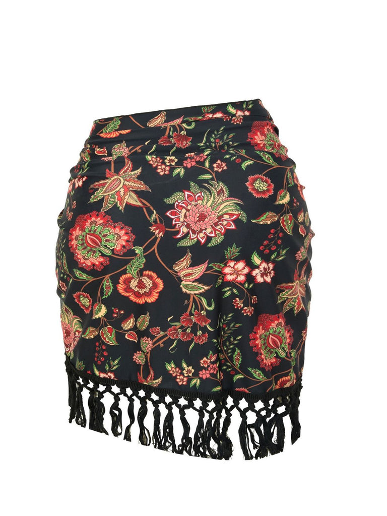 2PCS Maillot de bain et paréo à franges et décolleté en V profond années 1960