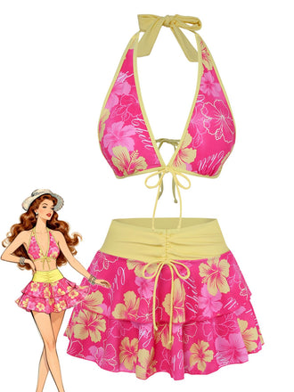 Ensemble bikini rose à imprimé floral à nouer sur le devant et à volants années 1960