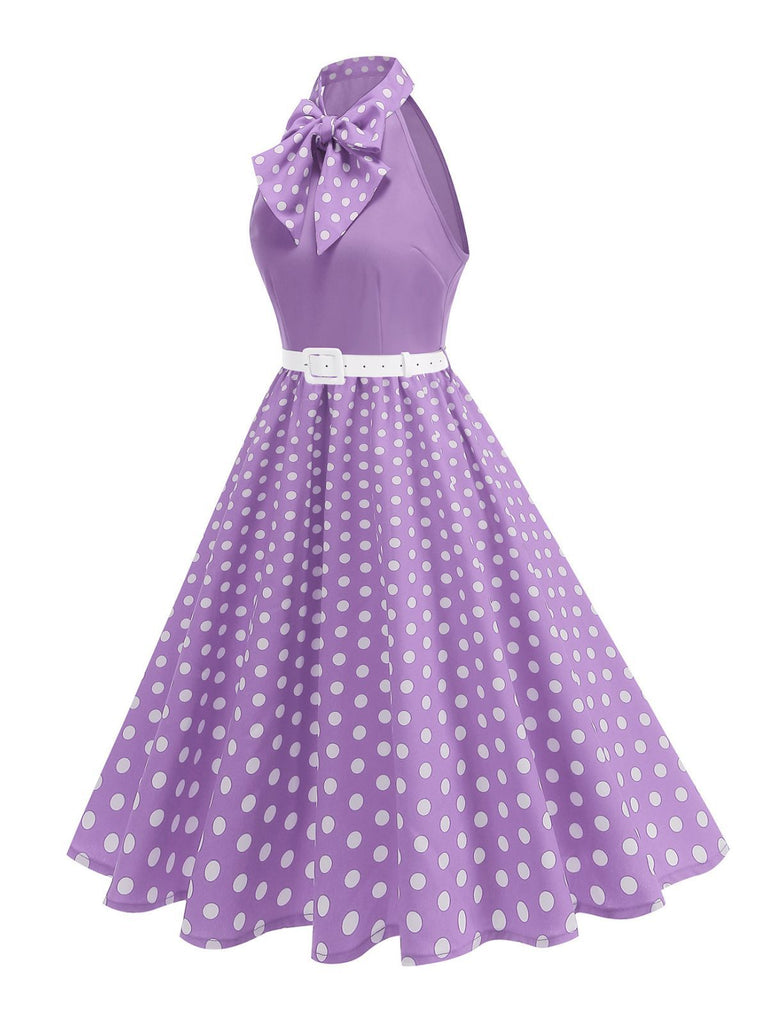 Robe Ceinturée Nœud Papillon Col Pois Années 1950