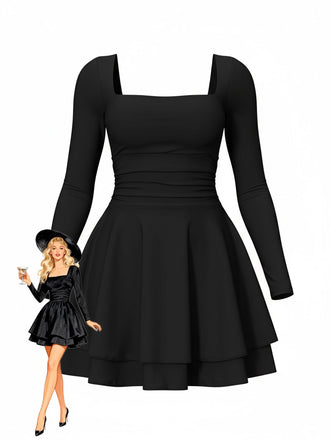 Robe coupe cintrée col carré et manches longues années 1980