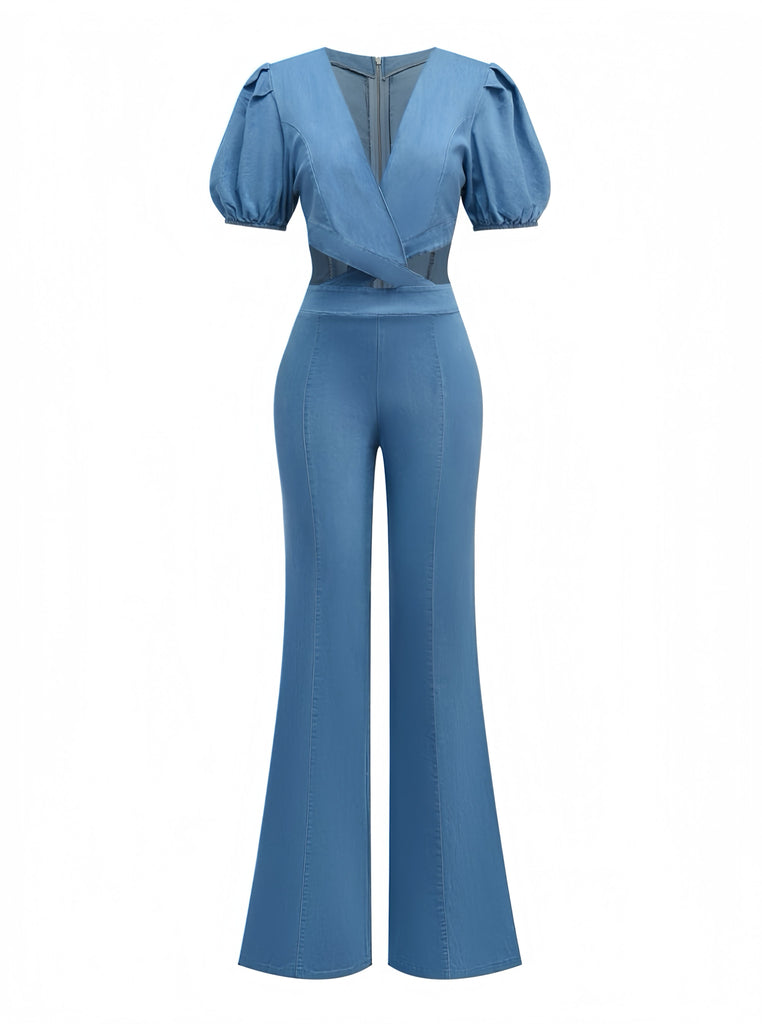 Combinaison bleue en denim à manches bouffantes années 1970