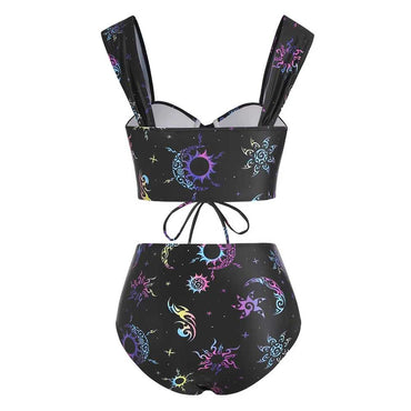 Ensemble bikini à lacets noir imprimé univers Tarot années 1980